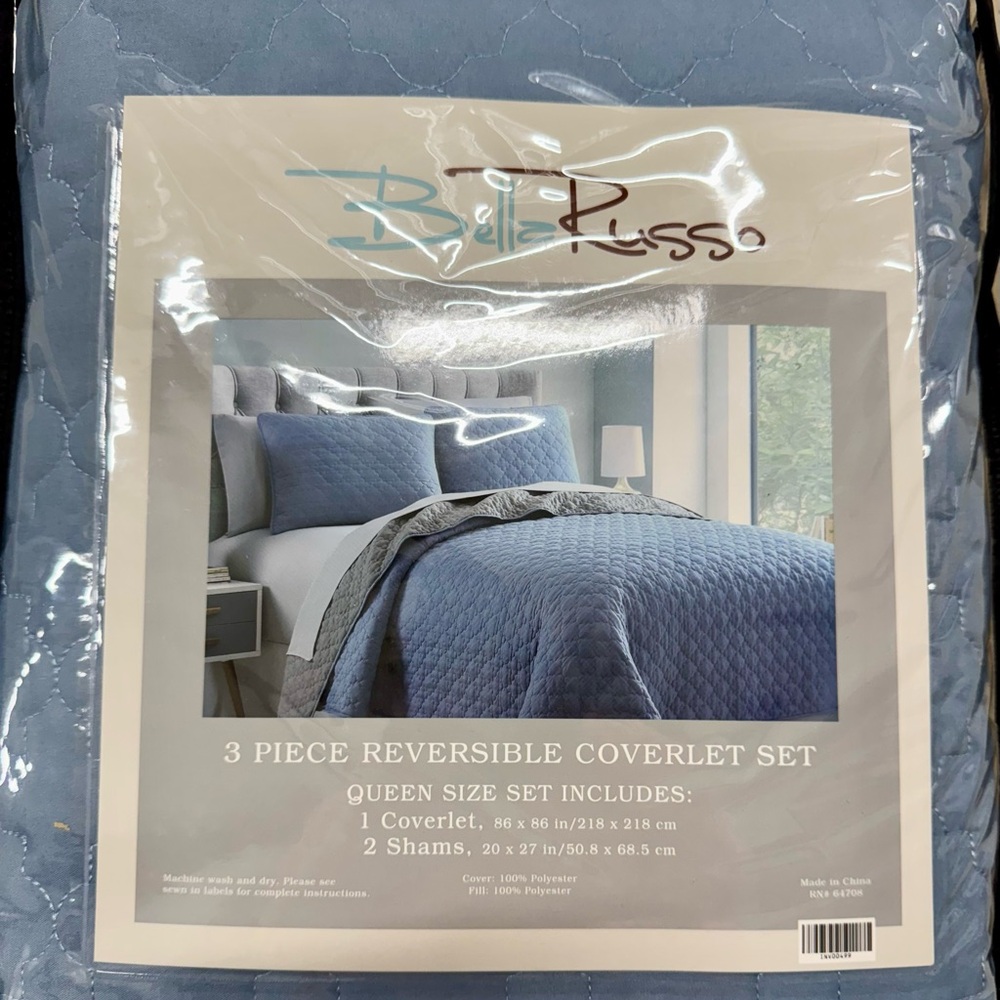 Bella Russo Reversible Blue/Gray Quilted Queen Bedding 3pc.
